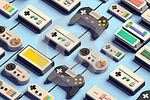 simple organised retro console game controllers gamepads repetitive array pattern group abstract background isometric top view