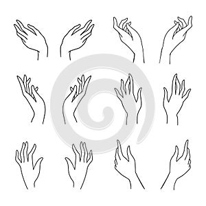 A simple outline drawing of the palms of the hands. Vector black and white sketch of giving hands. isolated set on