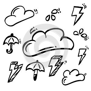 Simple Outline Hand Draw Skecth, Cloud, Storm, Water Drop and Umbrella