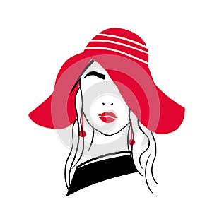 Simple outline portrait of beautiful stylish young lady. Sketch drawing of fashionable woman with red lips, earrings