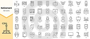 Simple Outline Set of Retirement icons. Linear style icons pack. Vector illustration