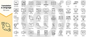 Simple Outline Set of Translation and Language icons. Linear style icons pack. Vector illustration