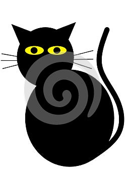 A simple outline shape of an all black cat with yellow eyes white backdrop