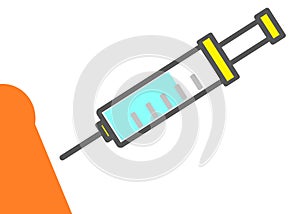 A simple outline shape of a injection needle syringe and partial view of the human shoulder arm white backdrop