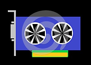 A simple outline shape of a modern computer graphics peripheral card with two cooling fans black backdrop