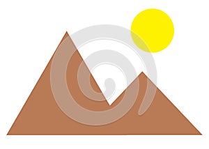 A simple outline shape silhouette of a mountain landscape and the sun white backdrop