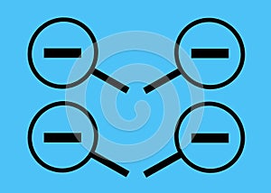 Simple outline shapes of a magnifying glass with the zooming out minus symbol all in bold black turquoise blue backdrop