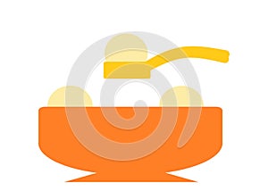 A simple outline symbol shape of a bowl of rice fish balls scooped up by a spoon white backdrop