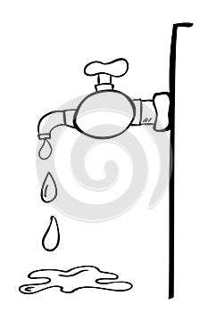 Simple Outline Vector Hand Draw Sketch water tap at wall, spill and splat water, isolated on white