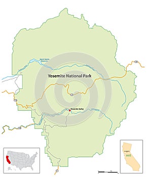 Simple overview map of Yosemite National Park, California, USA