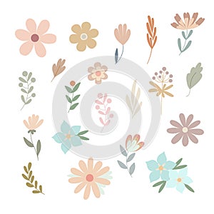 Simple pastel-colored flowers in flat style vector illustration, symbol of spring, cozy home, spring Easter holidays celebration