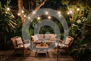 Simple patio furniture and string lights surrounded by greenery at night