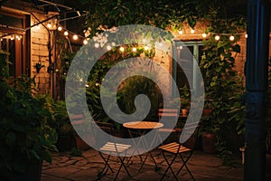 Simple patio furniture and string lights surrounded by greenery at night