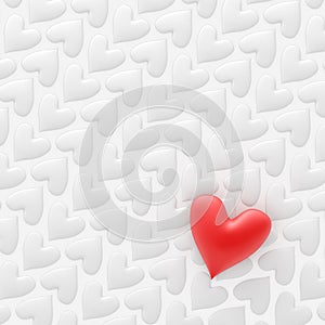 Simple pattern of white hearts for Valentine`s day or other romantic themed background with a single bright red heart. 3d Render