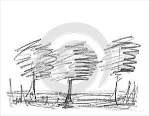 A simple pencil sketch of the trees. Fine freehand drawing in minimalistic style. Modern monochrome creative vector artistic backg