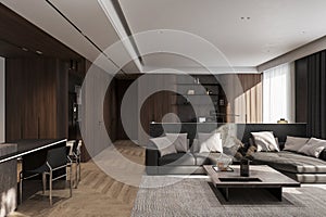 Simple and Philosophic interior in an apartment with Black and White Theme, 3D rendering