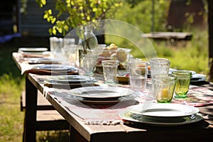 a simple picnic table setting with plates, silverware and glasses