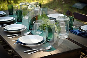 a simple picnic table setting with plates, silverware and glasses