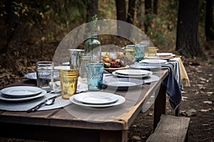 a simple picnic table setting with plates, silverware and glasses