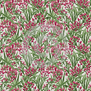 Simple pink flowers with green leaves floral vector pattern design.