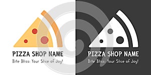 Simple Pizza Slice Logo Vector Design. Colored, Flat Slice with Brand Name and Tagline. Inverted Silhouette White on Black