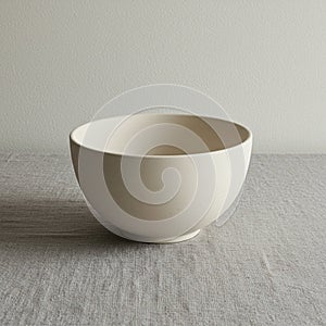 A simple, plain white ceramic bowl is placed on a textured, gray fabric surface. The bo