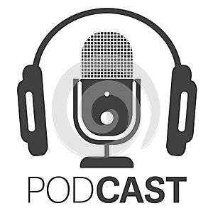 Simple podcast icon or logo with headphones and microphone