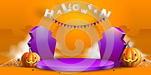 Simple podium and stage with halloween gravestone concept.Display product with witchcraft hat