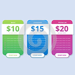 Simple pricing table list colorful for website vector
