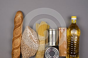 Simple products for donation and delivery - bread, peas, pasta, canned food, vegetable oil, cookies. Place for text