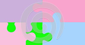 Simple puzzle animation on green background. the four pieces of the puzzle come together and then diverge