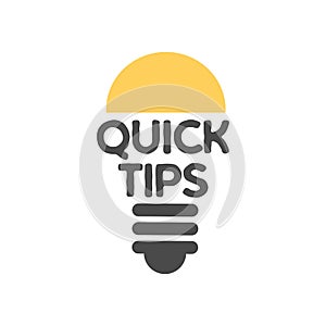 Simple Quick Tips badge with light bulb. Symbol of advice, useful suggestion and helpful tricks. Flat vector cartoon