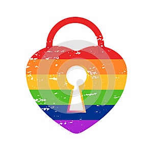 Simple rainbow heart lock and heart key icon. The grunge style. Vector stock illustration on a white background.