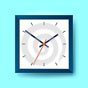 Simple realistic Clock in squre blue frame on color background. Watch on the wall. Vector design object