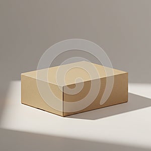 A simple rectangular cardboard box is placed on a clean, neutral background. The box