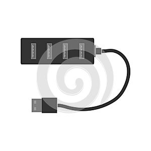 Simple rectangular USB hub with USB ports and cable. A splitter for a computer or laptop. Flat vector illustration