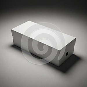 A simple rectangular white shoe box with a small circular hole on the side isolated on white background