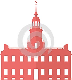 Simple red flat drawing of the INDEPENDENCE HALL, PHILADELPHIA