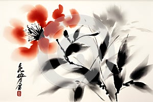 Simple red flower plant in Sumi-E painting