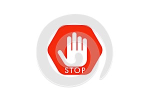 Simple red stop roadsign with big hand symbol or icon vector illustration