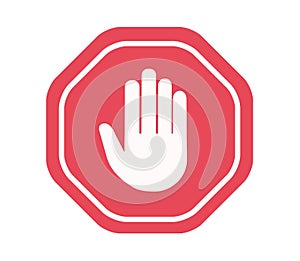Simple red stop roadsign with big hand symbol or icon vector illustration. No entry hand sign. Vector illustration. Red stop hand