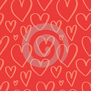 Simple romantic seamless pattern with hand drawn heart sketch doodles on red background. Cute backdrop for Valentines day, wedding