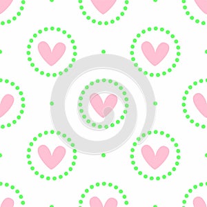 Simple romantic seamless pattern. Repeated cute print with hearts and dots.