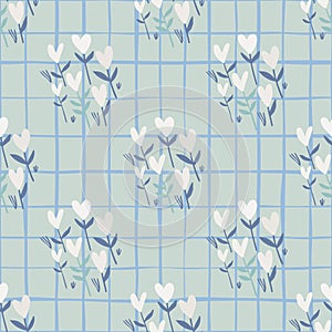 Simple romantic seamless pattern with white heart flowers. Soft blue background with check. Valentine theme backdrop