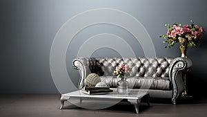 Simple room interior render with brown leather sofa in darck style 3d render image