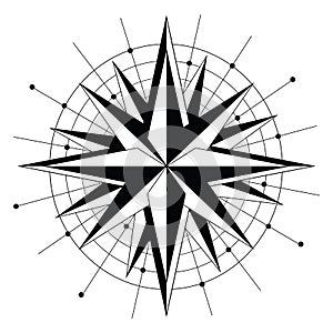 Simple Rose wind directions icon in black and white in geometric style , monochrome star with surrounding circles and dots