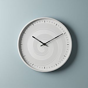 Simple round wall clock on a light blue background. The clock features a white face w