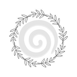 Simple round wreath with contour branches. Border of black leaves. Decorative design element. Laurel frame for logo, invitation,