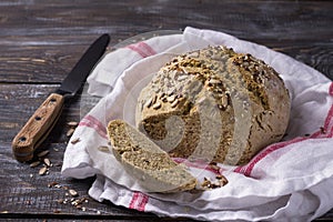 Simple rustic rye oat bread without yeast with seeds