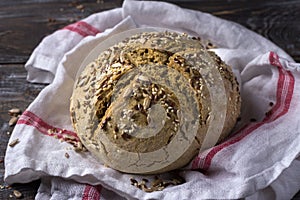 Simple rustic rye oat bread without yeast with seeds